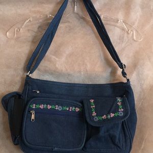 Denim Jean Shoulder Bag With Flower Design